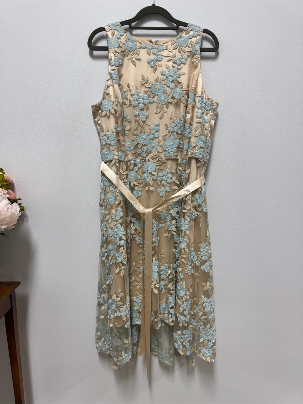 Sleeveless Beige and Gold Hi Low Midi Dress with Light Blue Floral Embroidery